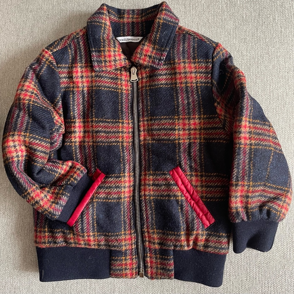 Dolce & Gabbana Kids Plaid Wool Jacket 3T Red Navy Padded Designer Coat